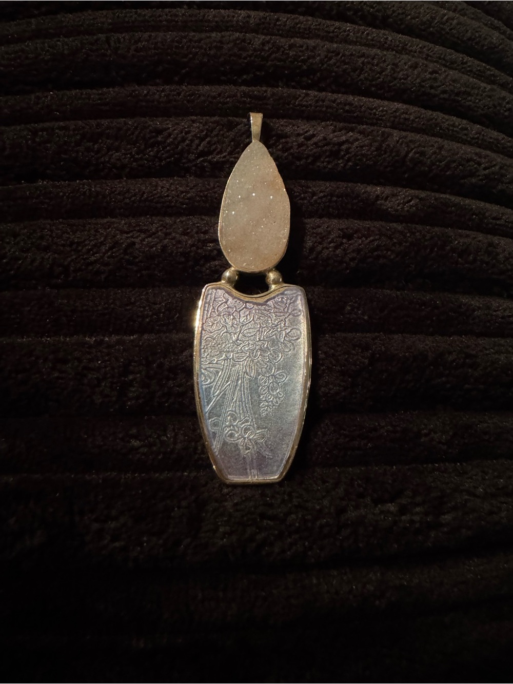 Silver-Tone Floral Engraved Pendant Necklace - Lavender Druzy Accent